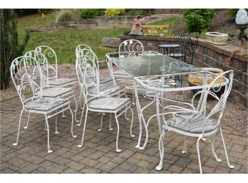 White Wrought Iron Glass Top Outdoor Extendable Dining Table & 8 Chairs