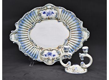 Vintage Portuguese Porcelain Candelabra & Platter