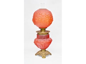Beautiful Ornate 1890 Antique Victorian Embossed Red Satin Glass Oil Kerosene Hurricane Banquet Table Lamp, Brass Base, 28' H  ($ Worth Thousands)
