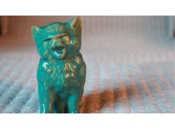 'Here Kitty Kitty' Amazing Blue Glaze Ceramic Happy Cat Looking For A New Home