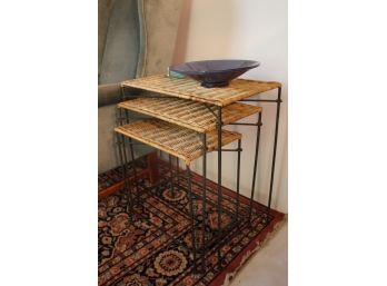 Cool Mid Century Modern Wicker + Wrought Iron Nesting Tables MCM