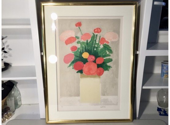 Expertly Framed And Matted Abstract Flowers Print 'Bouquet Rose Et Verte' By Cathelin