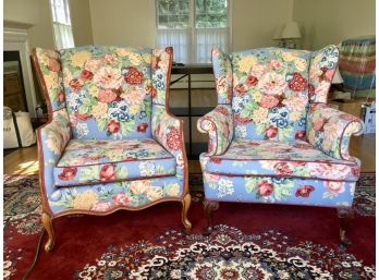 Pair Of Beautiful Floral Upholstered Wing Chairs.