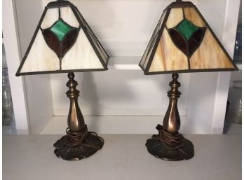 Pair OF Tiffany Style Brass Table Lamps