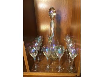 Tall Sleek Glass Stoppered Decanter And Eleven Cordial Stems