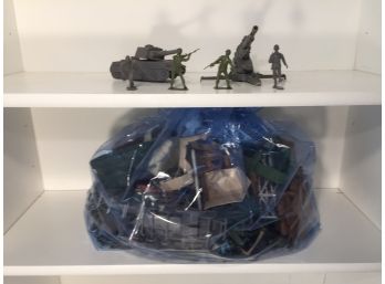 Bag Full Of Vintage Green Plastic Army Men And Battle Accessories