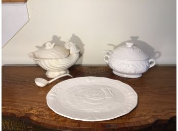 Two Soup Tureens And A Turkey Themed Serving Platter