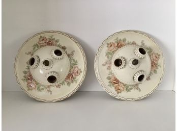 Two Antique Medallion Style Porcelain Three Bulb Fixtures
