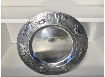 Pewter Tray With Raised And Etched Rabbit Motif