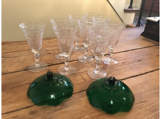 Set/9 Vintage Possibly Libbey Etched Elegant Drinking Glass + 2 Green Glass Stemless Bowls