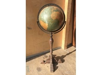 Antique Floor Terrestrial Globe On Wooden Stand & Cast Iron Meridian