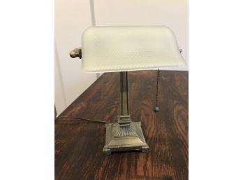 Vintage Bankers Or Library Lamp With White Frosted Glass Shade