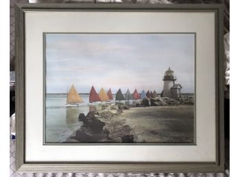 Framed & Matted Unsigned Artwork Of Lighthouse And Sailboats