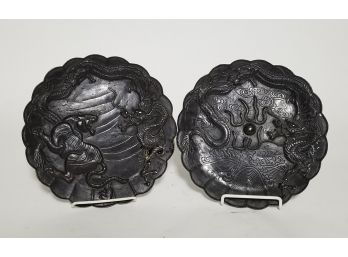 2 Antique Old Chinese Bronze Relief Dragon Dishes