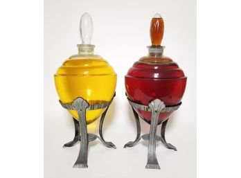 2 Art Deco Glass Apothecary Jars On Brass Pedestals (B)