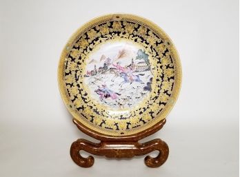 LARGE Antique English Hunt Scene Decorative Cabinet Plate With Ornate Gilded Filligree And Enamel Details