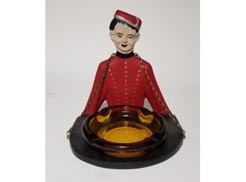 Whimsical Vintage Dumb Butler Style Porcelain & Glass Figural Ashtray