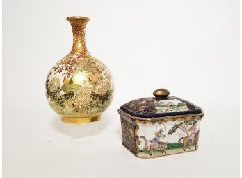 Antique Painted And Gilded Porcelain Vase And Lidded Box (As Is)