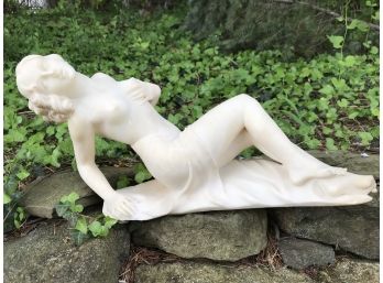 Large Art Deco Style Carved Stone Reclining Sculpture Of A Maiden (As Is)