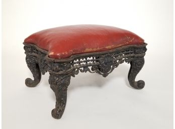Antique Ornate Leather And Cast Iron Foot Stool