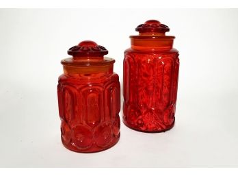 2 Vintage Ruby Red Depression Glass Lidded Canisters