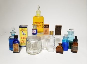 Collection Of Vintage Apothecary Glass Bottles & Advertising Boxes
