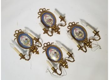 Four Antique Brass And Handpainted Porcelain Sconces