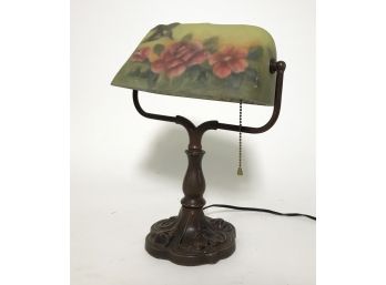 Vintage Shabby Chic Library Desk Lamp With Unusual Painted Shade
