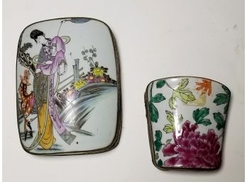 2 Large Antique Chinoiserie Brass And Enamel Trinket Boxes