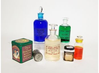 Collection Colorful Apothecary Glass Bottles And Advertising Boxes