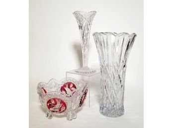 American Brilliant Period Cranberry Cut To Clear Bowl, Clear Vase & More