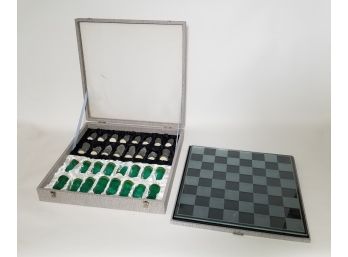 Handsome Cased Chess Set With Frosted Glass Chess Pieces