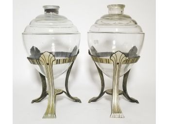 Pair Of Art Deco Glass Apothecary Jars On Pedestal (As Is)