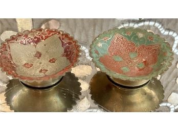 Pair Of Mid Century Indian Enameled Brass Small Bowls