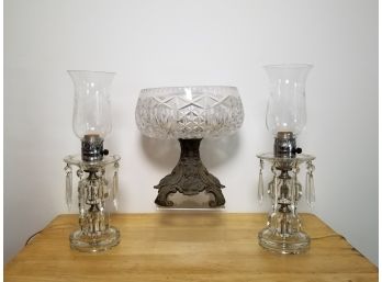 Vintage Cut Glass Lamps And Raised Candy Dish