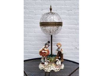 Enchanting Capodimonte Style Figural Table Lamp With Brilliant Cut Glass Globe
