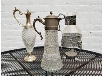 Collection Of 3 Fine Vintage Cut Glass Clarets With Silverplated Hardware