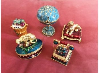 Collection Of 5 Small Enamel Metal Figural Trinket Boxes