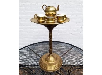 Vintage Brass Turkish Coffee Set With Porcelain Cup Inserts And Stand
