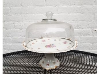 Vintage Eastern German Footed Cake Plate With Glass Cloche
