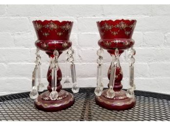 XAntique Pair Bohemian Enamel Overlay Cranberry Glass Candleholders