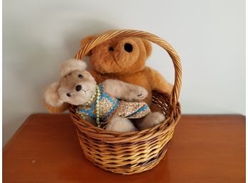 Two Adorable Vintage Teddy Bears In Wicker Basket