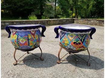 Whimsical Pair Of Large Mexican Talavera Pots W/Stands