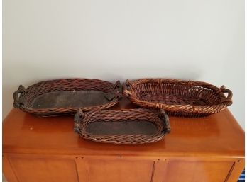 Collection Of 3 Vintage Oval Rattan Handled Serving Trays/Baskets