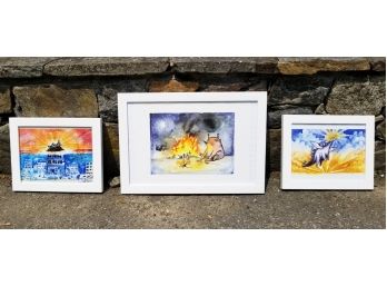 Collection Of 3 Framed Watercolor Paintings By Mary Doodle