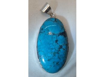 Enormous 1 5/8 X 7/8 Turquoise Pendant In Silver Plate