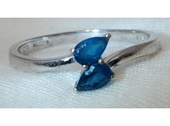 Sterling Silver Size 9 Ring With 2 Pearl Shaped Blue CZs ~ 1.94 Grams