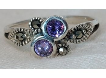 Sterling Silver Size 8 Stunning Ring With Purple CZs & Marcasite ~ 2.25 Grams