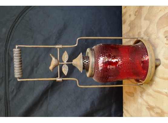 Vintage Metal And Red Glass Candle Holder
