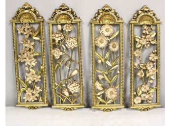 Set Of 4 Gold Syroco Hollywood Regency Gold Floral